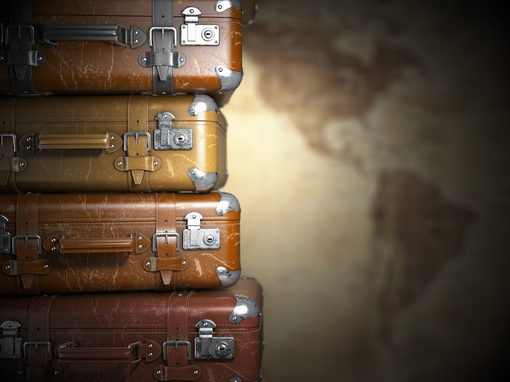 Vintage suitcases on the map of America background.Turism travel